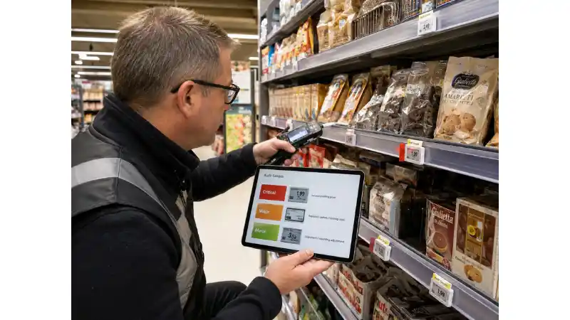Retail auditor checking electronic shelf labels and classifying critical major and minor pilot failures